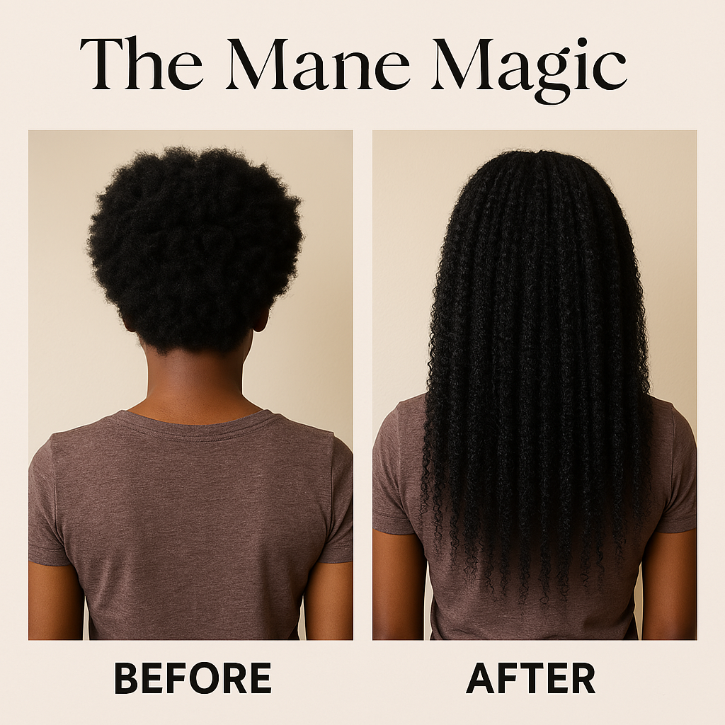 The Mane Magic Hair Growth Oil 2oz, 4oz, 8oz bundles Haircare with 35 organic ingredients to stimulate and promote healthy and hair growth.