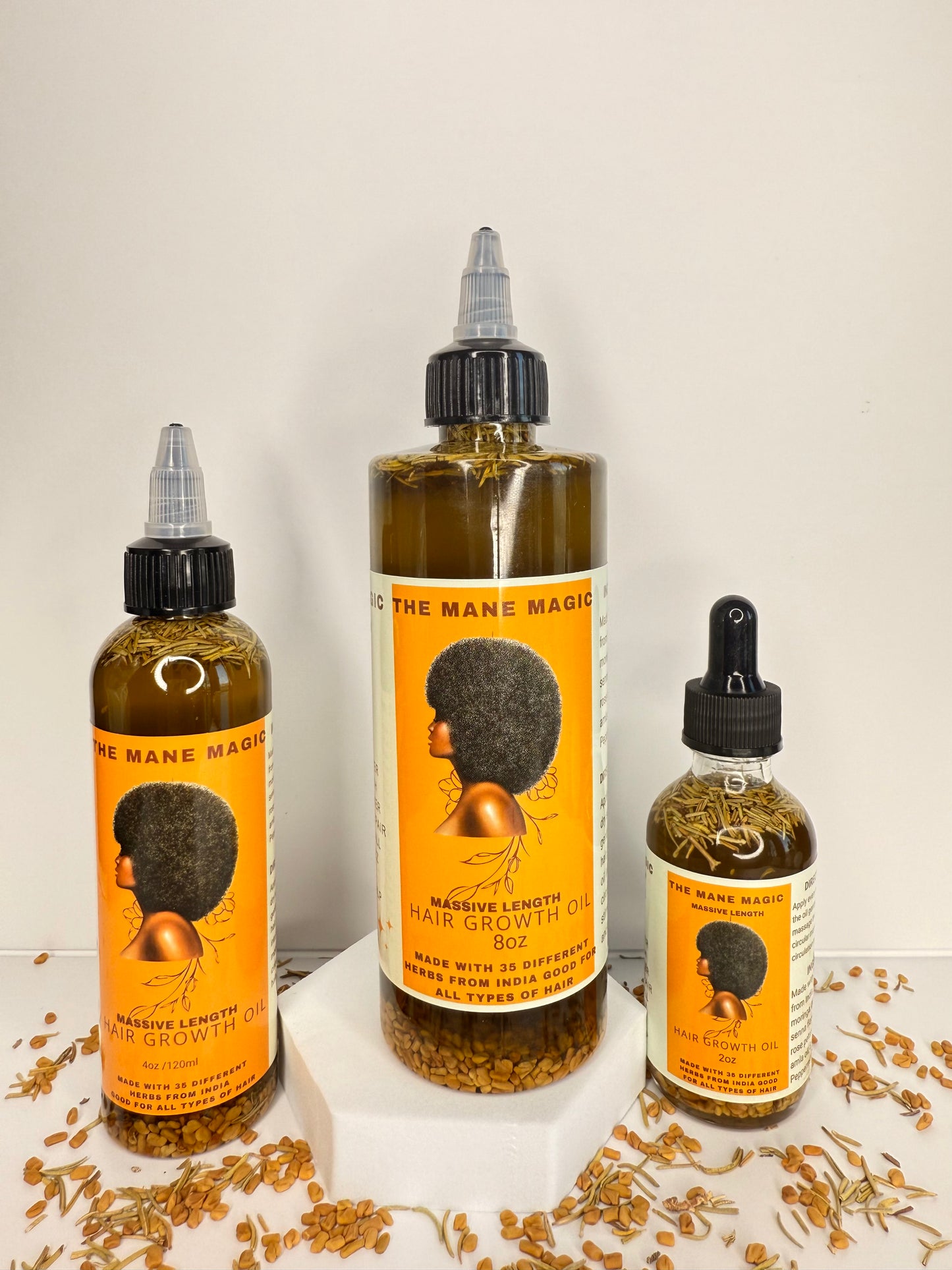 The Mane Magic Hair Growth Oil 2oz, 4oz, 8oz bundles Haircare with 35 organic ingredients to stimulate and promote healthy and hair growth.