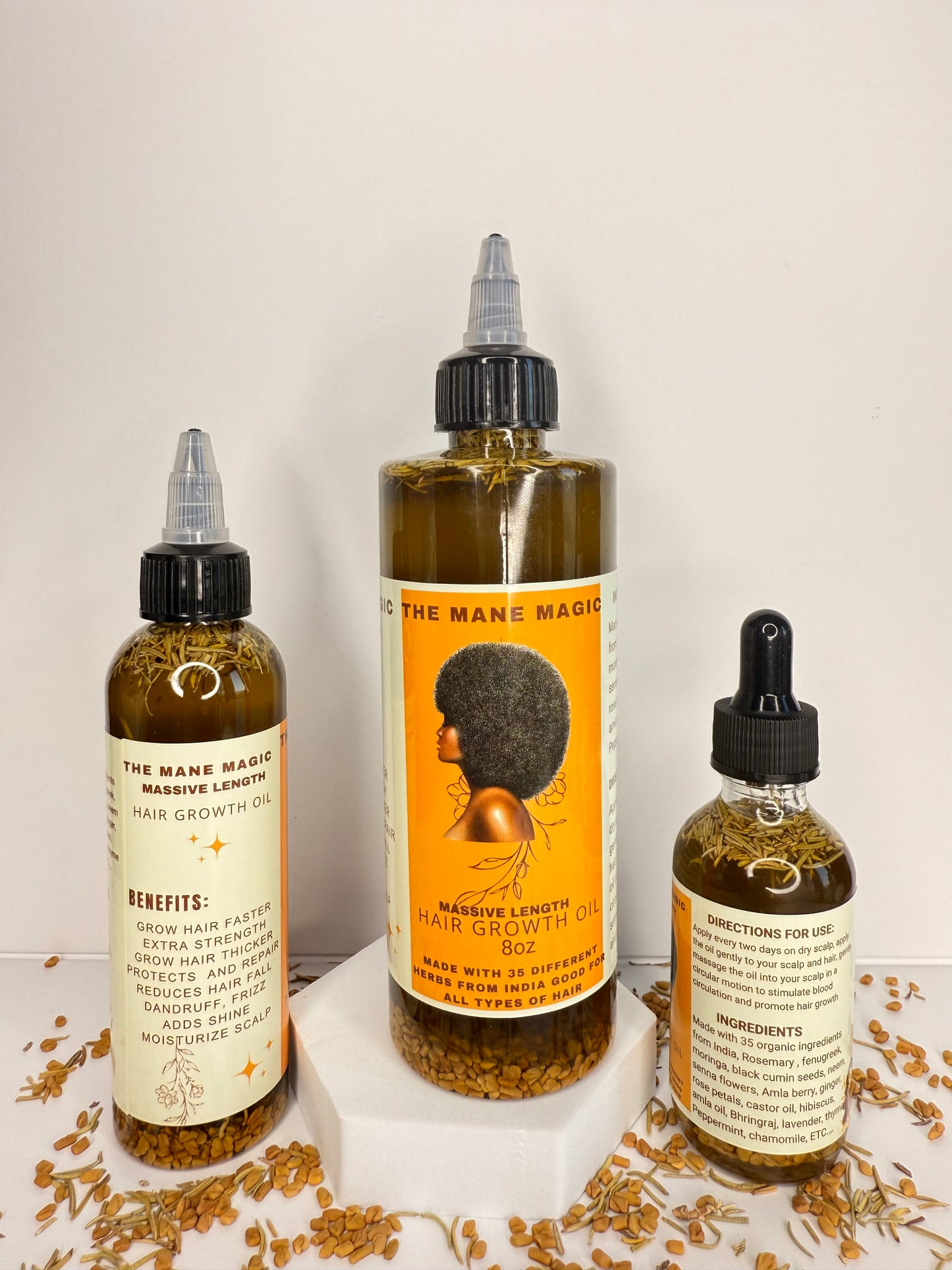 The Mane Magic Hair Growth Oil 2oz, 4oz, 8oz bundles Haircare with 35 organic ingredients to stimulate and promote healthy and hair growth.
